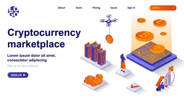 Cryptocurrency marketplace isometric landing page. Mining electronic money isometry concept. Virtual transaction, bitcoin tech 3d web banner. Vector illustration with people characters in flat design — ストックベクタ