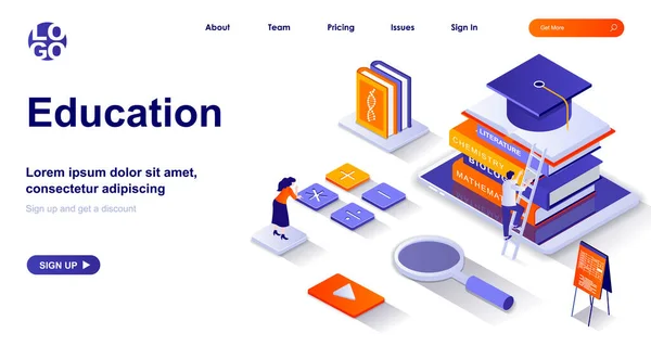 Education isometric landing page. Studying at school or university isometry concept. Learning, training courses, graduation 3d web banner. Vector illustration with people characters in flat design — Stockový vektor