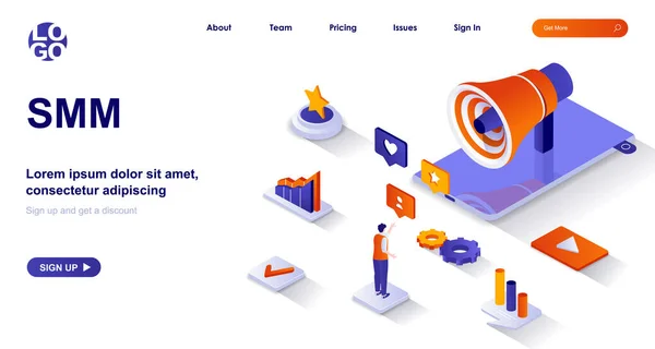 Smm isometric landing page. привлечение клиентов из социальных сетей, онлайн-продвижение концепции изометрии. социальный маркетинг 3d веб-баннер. векторная иллюстрация с персонажами в плоском дизайне — стоковый вектор