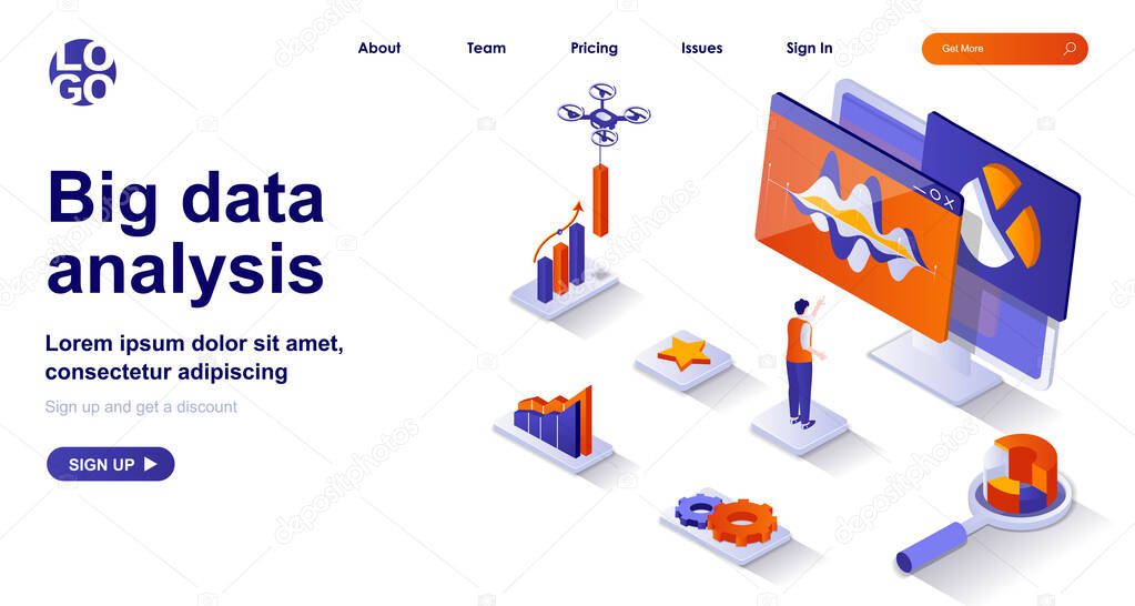 Big data analysis isometric landing page. Analyst analyzes statistics isometry concept. Business development and optimization 3d web banner. Vector illustration with people characters in flat design