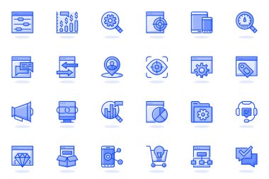 Seo optimizasyon web düz çizgi simgesi. Özet resim çizelgesi ayarları, hedefleme, izleme, arama, sıralama, trafik, istatistik kavramı. Web sitesi tasarımı için simge paketlerinin vektör illüstrasyonu