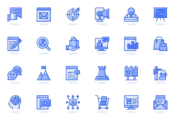 Icono de línea plana web de marketing digital. Bundle bosquejo pictograma de destino, boletín de noticias, atraer a nuevos clientes, análisis de datos, concepto de negocio. Ilustración vectorial del paquete de iconos para diseño de sitios web — Vector de stock