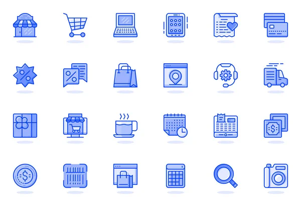 Shopping web ligne plate icône. Paquet schéma pictogramme de magasin, supermarché, achats, paiement, réductions, recherche de produits, concept de livraison. Illustration vectorielle du pack d'icônes pour la conception du site — Image vectorielle