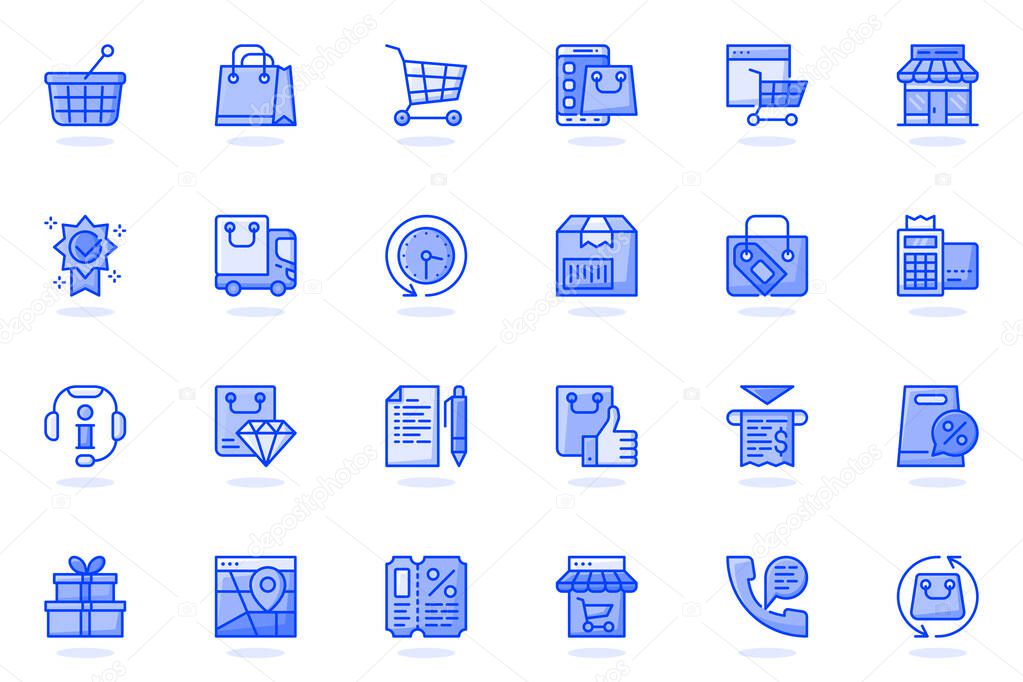 Online shopping web flat line icon. Bundle outline pictogram of packages, mobile app, shop, gift, sale, money, coupon, payment, discount concept. Vector illustration of icons pack for website design