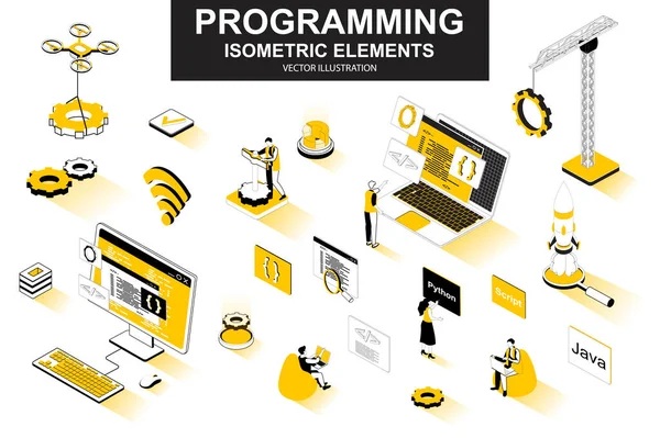 İzometrik elementler programlanıyor. Geliştirici çalışıyor, program dilleri, yazılım mühendisliği, tam yığın geliştirme izole simgeleri. İnsan karakterli Isometric vektör illüstrasyon kiti. — Stok Vektör