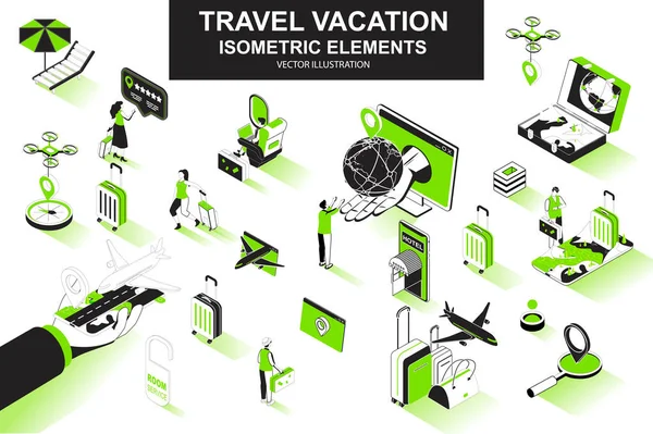 Reizen vakantie bundel van isometrische elementen. Vlucht boeken, vliegtuig boarding, toerist met bagage, reisbureau, hotel reservering pictogrammen. Isometrische vector illustratie kit met personages. — Stockvector