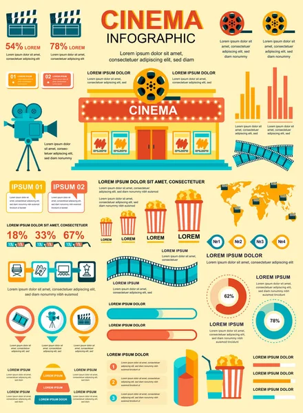 Banner de cinema com elementos infográficos. Modelo de cartaz da indústria cinematográfica com fluxograma, visualização de dados, cronograma, fluxo de trabalho, ilustração. Vector info design gráfico do conceito de materiais de marketing — Vetor de Stock