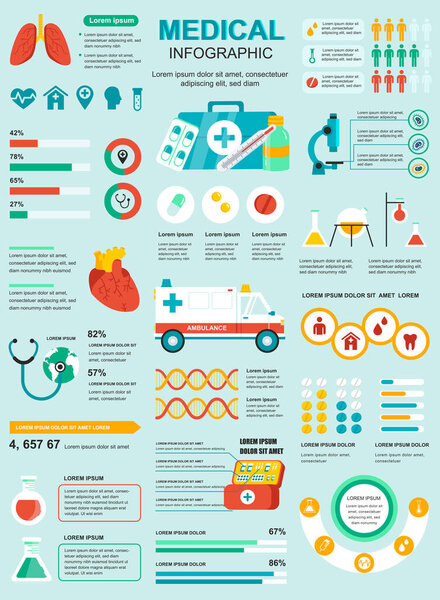 Medical banner with infographic elements. Healthcare, diagnostic, treatment concept. Poster template with flowchart, data visualization, timeline, workflow, illustration. Vector info graphics design