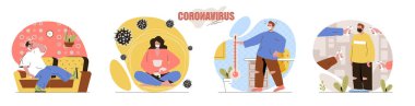 Coronavirus konsept sahneleri hazır. Koruyucu maskeler takan insanlar, ateş hastalığın belirtisidir, salgın covid-19. İnsan aktiviteleri koleksiyonu. Düz dizayndaki karakterlerin vektör illüstrasyonu