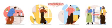 Coronavirus konsept sahneleri hazır. Önleme yöntemleri, dezenfeksiyon, koruyucu maskeler, sosyal mesafeyi koru, karantina. İnsan aktiviteleri koleksiyonu. Düz dizayndaki karakterlerin vektör illüstrasyonu