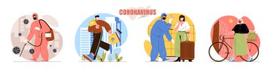 Coronavirus konsept sahneleri hazır. Tıp işçisi sokağı dezenfekte eder, sıcaklığı ölçer, uzaktan çalışır, karantina yapar. İnsan aktiviteleri koleksiyonu. Düz dizayndaki karakterlerin vektör illüstrasyonu
