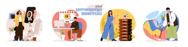 Kripto para birimi piyasa konsepti ayarlandı. Bitcoin madenciliği, dijital para, engelleme teknolojisi, yatırımlar. İnsan aktiviteleri koleksiyonu. Düz dizayndaki karakterlerin vektör illüstrasyonu