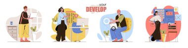 Konsept sahneler hazırlandı. Geliştiriciler kodlama, programlar geliştirme, test yazılımı, optimizasyon uygulamaları. İnsan aktiviteleri koleksiyonu. Düz dizayndaki karakterlerin vektör illüstrasyonu
