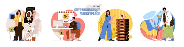 Criptomoneda mercado escenas conceptuales conjunto. Bitcoin minería, dinero digital, tecnología blockchain, inversiones. Colección de actividades de personas. Ilustración vectorial de personajes en diseño plano — Archivo Imágenes Vectoriales