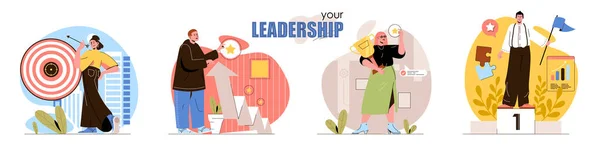 Leadership concept scenes set. Achieving goals, targeting, professional growth, business and career development. Collection of people activities. Vector illustration of characters in flat design — Stock Vector
