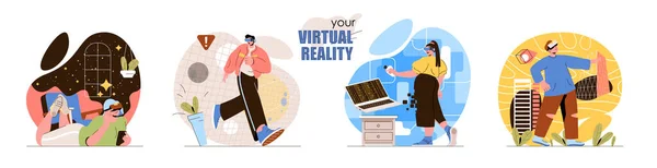 虚拟现实概念场景设置。戴VR眼镜的男人和女人玩电子游戏，探索行星，远足。收集人们的活动。平面设计中字符的矢量说明 — 图库矢量图片