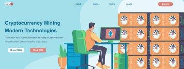 Kripto para birimi Madencilik Modern Teknolojiler web pankartı konsepti. Ödeme sistemi işlemleri için madencilik çiftliği iniş sayfası şablonu. Düz dizaynlı insanlar ile vektör illüstrasyonu