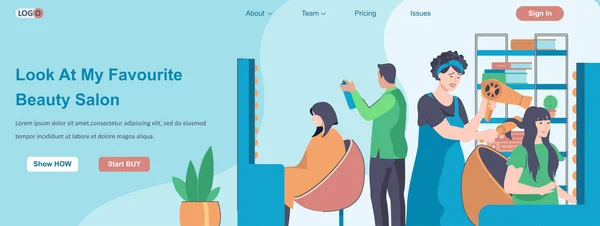 Favori Güzellik Salonu web pankartıma bakın. Kuaförlerin kuaförleri, saç ve saç kesimlerini müşterilerin iniş sayfası şablonlarına göre yapıyor. Düz dizaynlı insanlar ile vektör illüstrasyonu — Stok Vektör