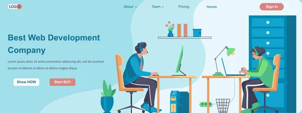 Mejor concepto de banner Web Development Company. Equipo de desarrolladores trabajando en el proyecto, programadores codificando en la plantilla de landing page de computadoras. Ilustración vectorial con personajes de diseño plano — Vector de stock