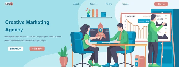 Concepto de banner web de Creative Marketing Agency. Comercializadores que trabajan en proyectos, analizan datos, promueven plantillas de landing page para startups empresariales. Ilustración vectorial con personajes de diseño plano — Archivo Imágenes Vectoriales