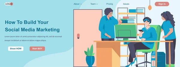 Hur man bygger din sociala medier marknadsföring web banner koncept. Marknadsförare team främja företag, online reklam landning sida mall. Vektor illustration med människor tecken i platt design — Stock vektor