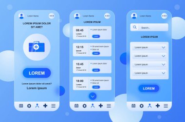 Gezici uygulama için tıbbi hizmetler neumorfik elementler kiti. Online hesap, doktor programı, randevu, danışma. UI, UX, GUI ekranları ayarlandı. Glasmorfik tasarımdaki şablonların vektör illüstrasyonu