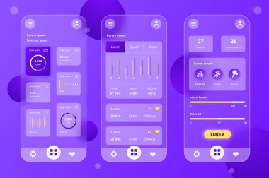 Mobil uygulama için sağlık izleme neumorfik elementler kiti. Vücut göstergeleri, spor aktiviteleri, kaloriler, kişisel veriler. UI, UX, GUI ekranları ayarlandı. Glasmorfik tasarımdaki şablonların vektör illüstrasyonu