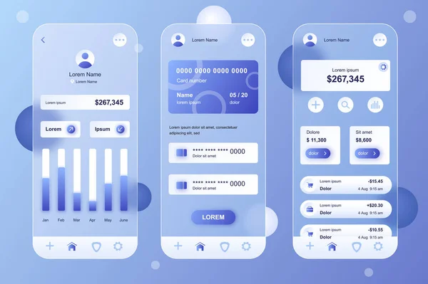 Mobil uygulama için çevrimiçi bankacılık neumorfik eleman kiti. Profildeki muhasebe, mali istatistik grafiği, kredi kartları. UI, UX, GUI ekranları ayarlandı. Glasmorfik tasarımdaki şablonların vektör illüstrasyonu — Stok Vektör