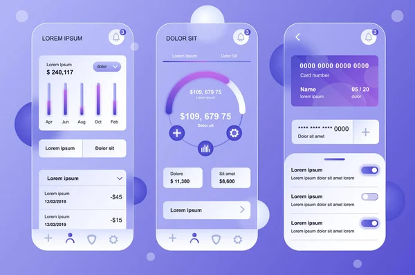 Financier pneumorfe elementen kit voor mobiele app. Online bankieren, boekhouding, financiële statistieken grafiek, creditcards. UI, UX, GUI schermen ingesteld. Vector illustratie van sjablonen in glasmorf ontwerp — Stockvector