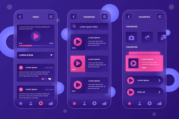 Kit de elementos neumórficos de tubo de vídeo para aplicación móvil. Lista de reproducción de vídeo, contenido multimedia, retroalimentación, navegación por la página web. UI, UX, conjunto de pantallas GUI. Ilustración vectorial de plantillas en diseño glassmorphic — Vector de stock
