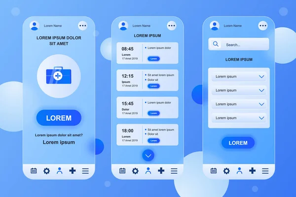 Usługi medyczne zestaw elementów neumorficznych dla aplikacji mobilnych. Konto online, harmonogram, wizyta lekarska, konsultacje. Interfejs, UX, ekrany GUI ustawione. Ilustracja wektorowa szablonów w projekcie szklistym — Wektor stockowy