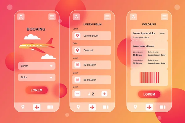 Travel booking neumorphic elements kit for mobile app. Rezerwacja biletów lotniczych, wybór miejsca lub daty, karta pokładowa. Interfejs, UX, ekrany GUI ustawione. Ilustracja wektorowa szablonów w projekcie szklistym — Wektor stockowy