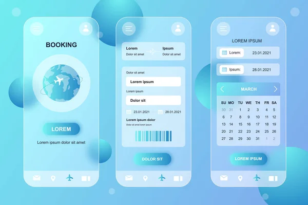 Travel booking neumorphic elements kit for mobile app. Kupno biletów lotniczych, rezerwacja, kalendarz podróży. Interfejs, UX, ekrany GUI ustawione. Ilustracja wektorowa szablonów w projekcie szklistym — Wektor stockowy