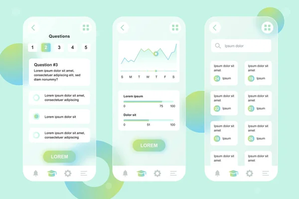 Kit d'éléments neumorphiques d'apprentissage en ligne pour application mobile. Formulaire d'examen en ligne, graphique d'avancement des études, liste des cours, éducation. UI, UX, GUI écrans réglés. Illustration vectorielle de gabarits en verre — Image vectorielle