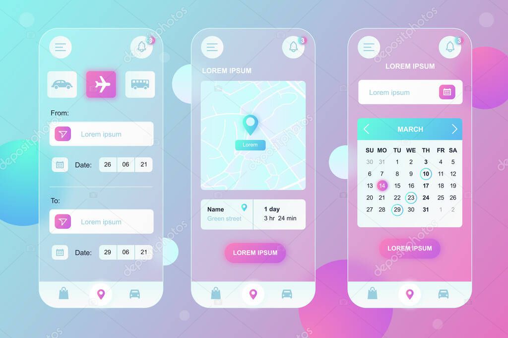 Delivery service neumorphic elements kit for mobile app. Tracking parcels on map, choosing type, date on calendar. UI, UX, GUI screens set. Vector illustration of templates in glassmorphic design