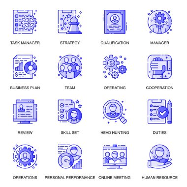 People Management web düz çizgi simgeleri ayarlandı. İşbirliği, iş stratejisi, kelle avcılığı ve yönetim kavramının ana hatlarını toparla. Web sitesi mobil uygulama tasarımı için sembollerin vektör illüstrasyonu