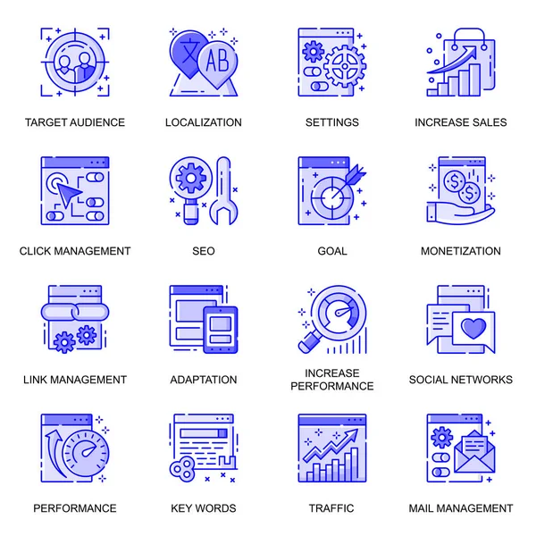 SEO optimalisatie web platte lijn pictogrammen ingesteld. Pack outline pictogram van click management, verkeer, trefwoorden, data analytisch, monitoring concept. Vector illustratie van symbolen voor website mobiele app ontwerp — Stockvector