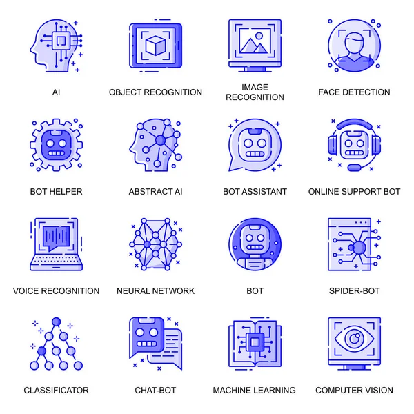 Conjunto de ícones de linha plana web Inteligência Artificial. Pack esboço pictograma de reconhecimento de imagem, detecção de rosto, conceito de aprendizado de máquina. Ilustração vetorial de símbolos para o design de aplicativos móveis do site —  Vetores de Stock