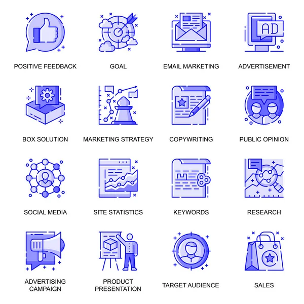 Ikon baris datar web pemasaran diatur. Pack outline pictogram positif umpan balik, iklan, kotak solusi, copywriting, konsep strategi. Ilustrasi vektor simbol untuk desain aplikasi seluler - Stok Vektor