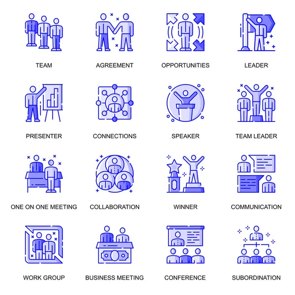 Grupo de iconos de línea plana web Business People. Pack bosquejo pictograma de trabajo en equipo, oportunidades, colaboración, liderazgo, concepto de éxito. Ilustración vectorial de símbolos para el diseño de aplicaciones móviles sitio web — Archivo Imágenes Vectoriales