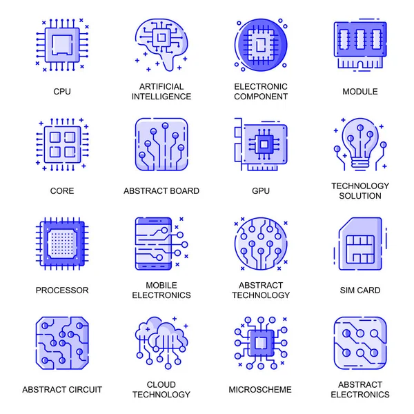 Ensemble d'icônes de ligne plate web électronique. Pack schéma pictogramme de l'intelligence artificielle, carte abstraite, circuit informatique, concept de carte SIM. Illustration vectorielle de symboles pour la conception d'applications mobiles de site Web — Image vectorielle