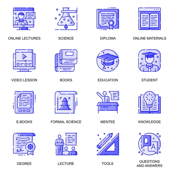 Éducation web lignes plates icônes ensemble. Pack schéma pictogramme de conférences en ligne, leçons vidéo, université, étudiant, concept de cours de formation. Illustration vectorielle de symboles pour la conception d'applications mobiles de site Web — Image vectorielle