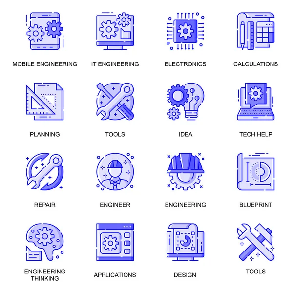 Engineering web platte lijn pictogrammen ingesteld. Pack outline pictogram van het bedrijfsleven, elektronica, technicus tools, tech hulp, reparatie concept. Vector illustratie van symbolen voor website mobiele app ontwerp — Stockvector