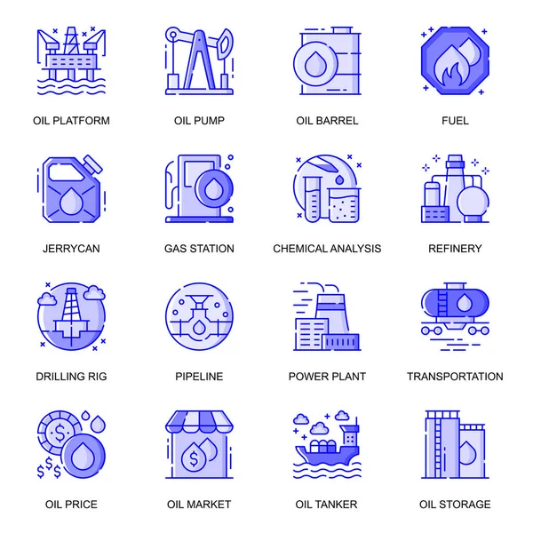 Olja Industri webb platt linje ikoner som. Pack skissera piktogram av plattform, fat, kemisk analys, pipeline, lagring, fabrik koncept. Vektor illustration av symboler för webbplats mobil app design — Stock vektor