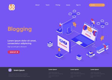 Blog izometrik iniş sayfası. Sosyal içerik üretimi, ağ iletişimi, İnternet gönderimi ve izometri web sayfası. Web sitesi düz şablonu, insan karakterli vektör illüstrasyonu.