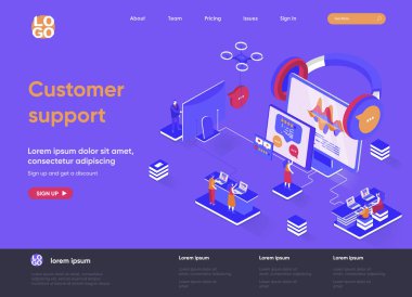 Müşteri desteği izometrik iniş sayfası. Çağrı merkezi servisi, çevrimiçi yardım, yardım hattı danışmanlığı ve izometri web sayfasına yardım. Web sitesi düz şablonu, insan karakterli vektör illüstrasyonu