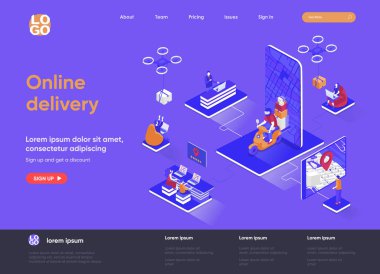 Çevrimiçi dağıtım izometrik iniş sayfası. Ekspres teslimat servisi, küresel sevkiyat, çevrimiçi sipariş ve izometri web sayfası. Web sitesi düz şablonu, insan karakterli vektör illüstrasyonu.