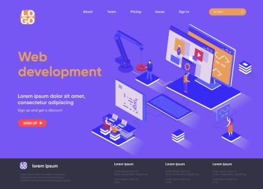 Web geliştirme izometrik iniş sayfası. Tam yığın geliştirme, yazılım mühendisliği, tasarım ve programlama izometri web sayfası. Web sitesi düz şablonu, insan karakterli vektör illüstrasyonu.