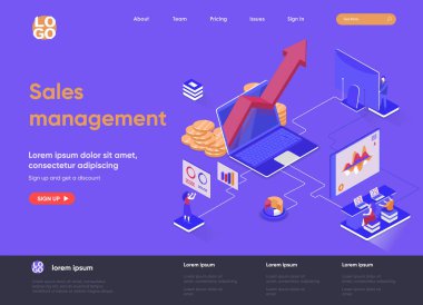 Satış yönetimi izometrik iniş sayfası. Satış gücü geliştirme, satış operasyonlarını koordine etme ve veri analiz izometri web sayfası. Web sitesi düz şablonu, insan karakterli vektör illüstrasyonu.