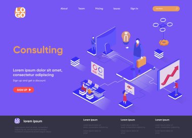 İniş sayfasına danışmanlık yapıyorum. Yetkili iş uzmanlığı ve hukuk yardımı, mali denetim ve muhasebe isometri web sayfası. Web sitesi düz şablonu, insan karakterli vektör illüstrasyonu.